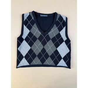 Preppy Argyle Sweater Vest V-Neck Cropped Navy Blue‎ OS Brandy Melville